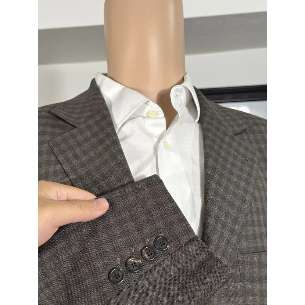 Brunello Cucinelli Brown Wool Mohair Silk Blazer Sportcoat Brown Plaid 54/44